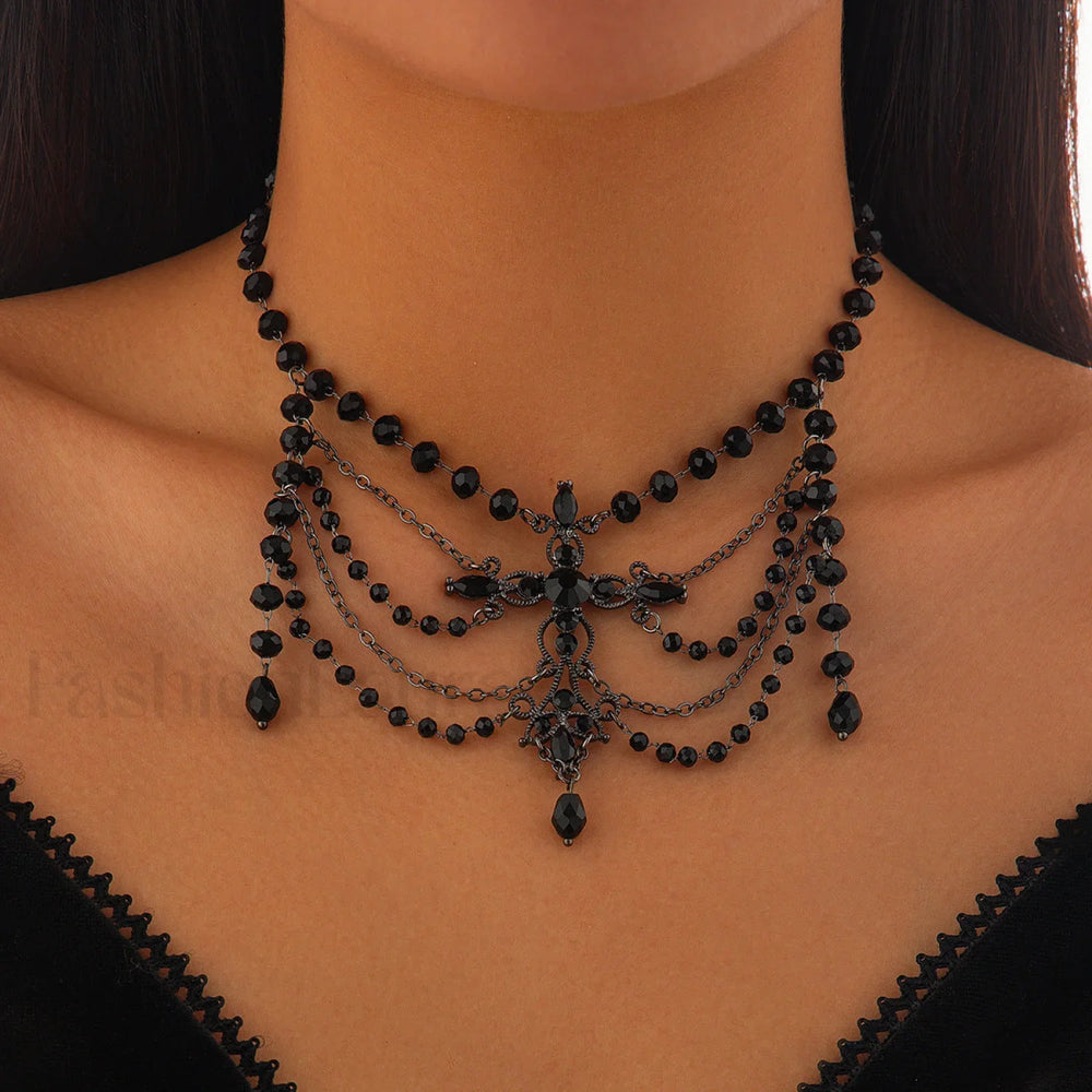 Handmade Gemstone Beaded Choker for Halloween Parties BLACK
