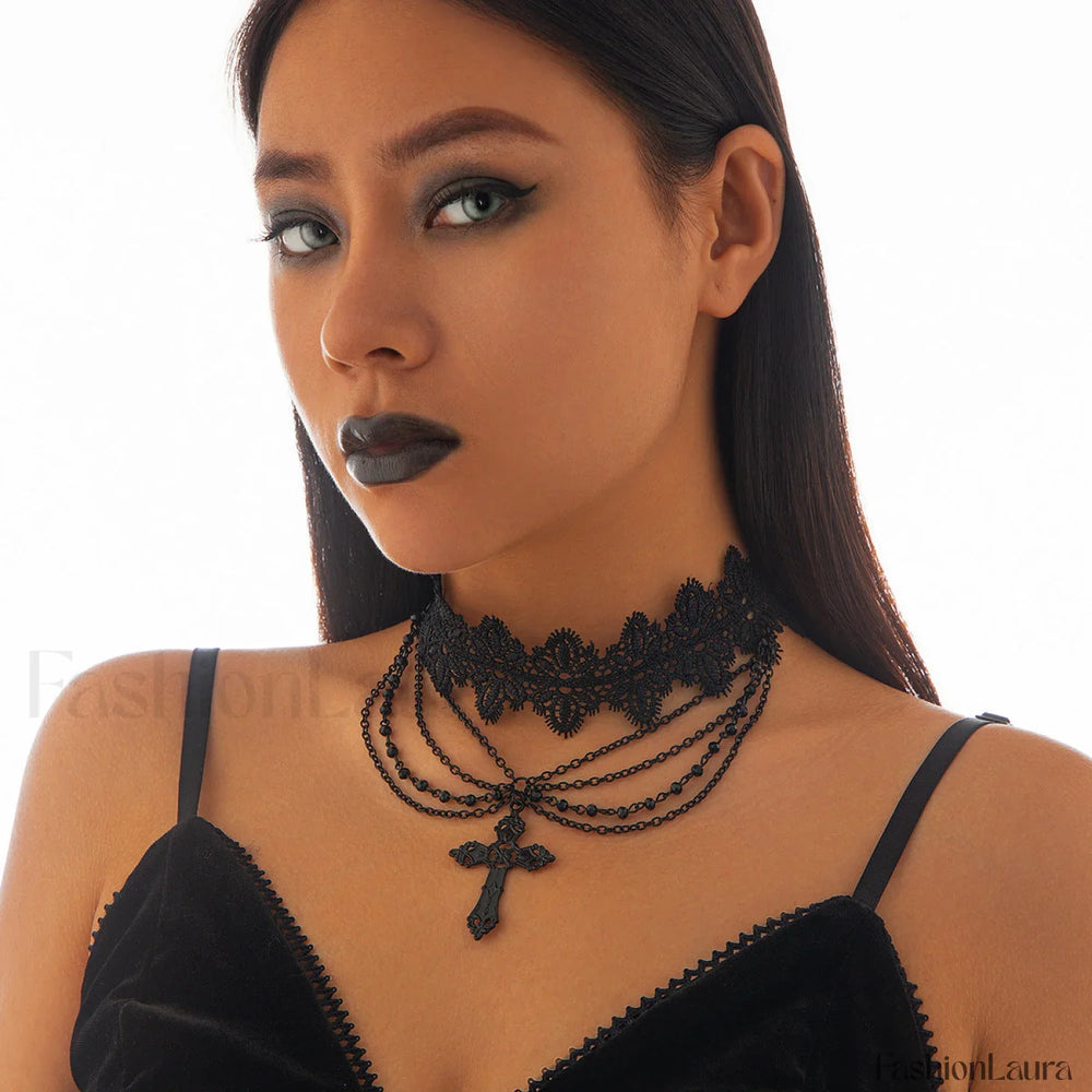 Handmade Gemstone Beaded Choker for Halloween Parties BLACK