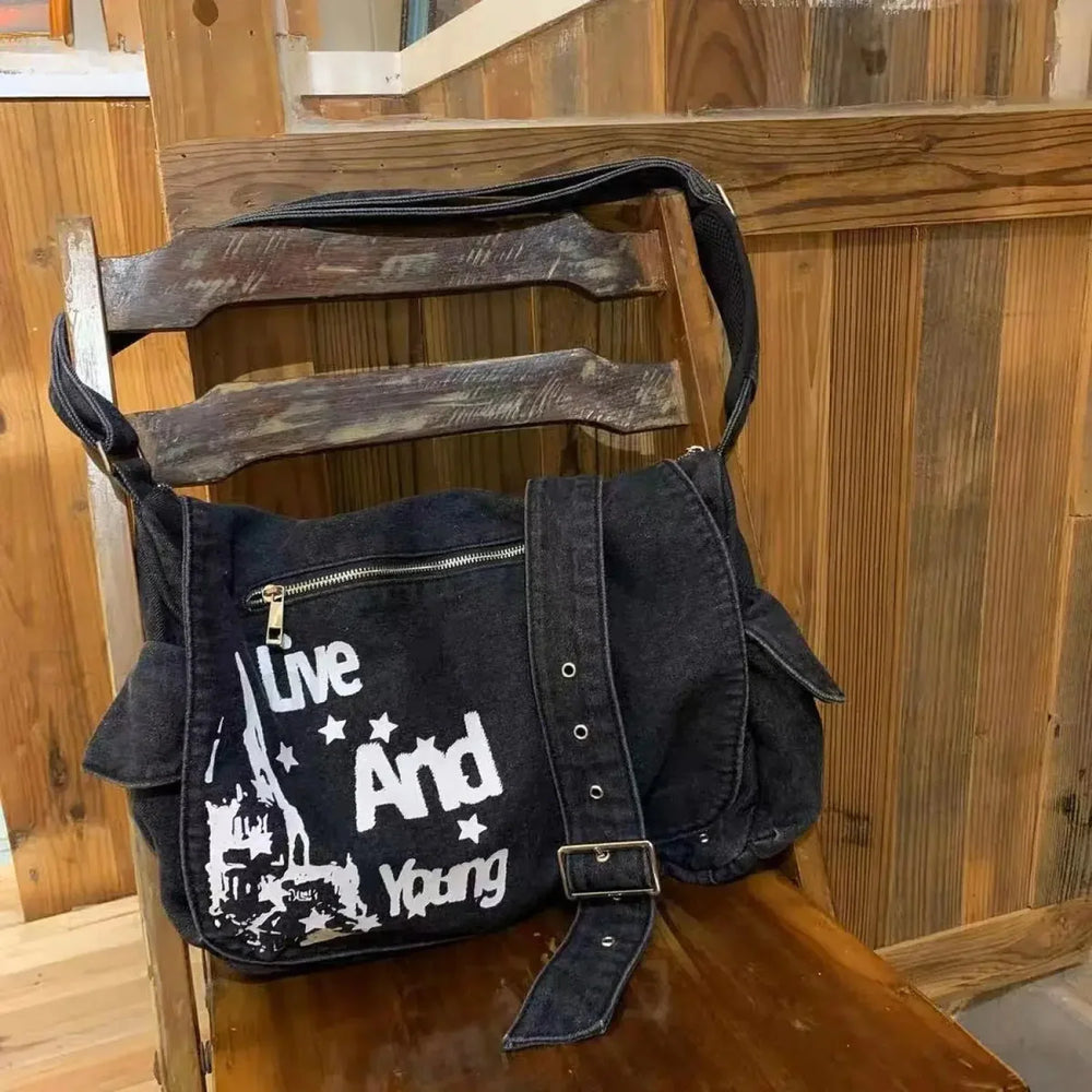 Harajuku Gothic Spider Shoulder Girls Bag Rabbit Dark Spice Female Punk Metal Purses Messenger Cross Bag washed black