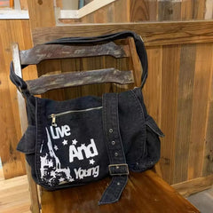 Harajuku Gothic Spider Shoulder Girls Bag Rabbit Dark Spice Female Punk Metal Purses Messenger Cross Bag washed black