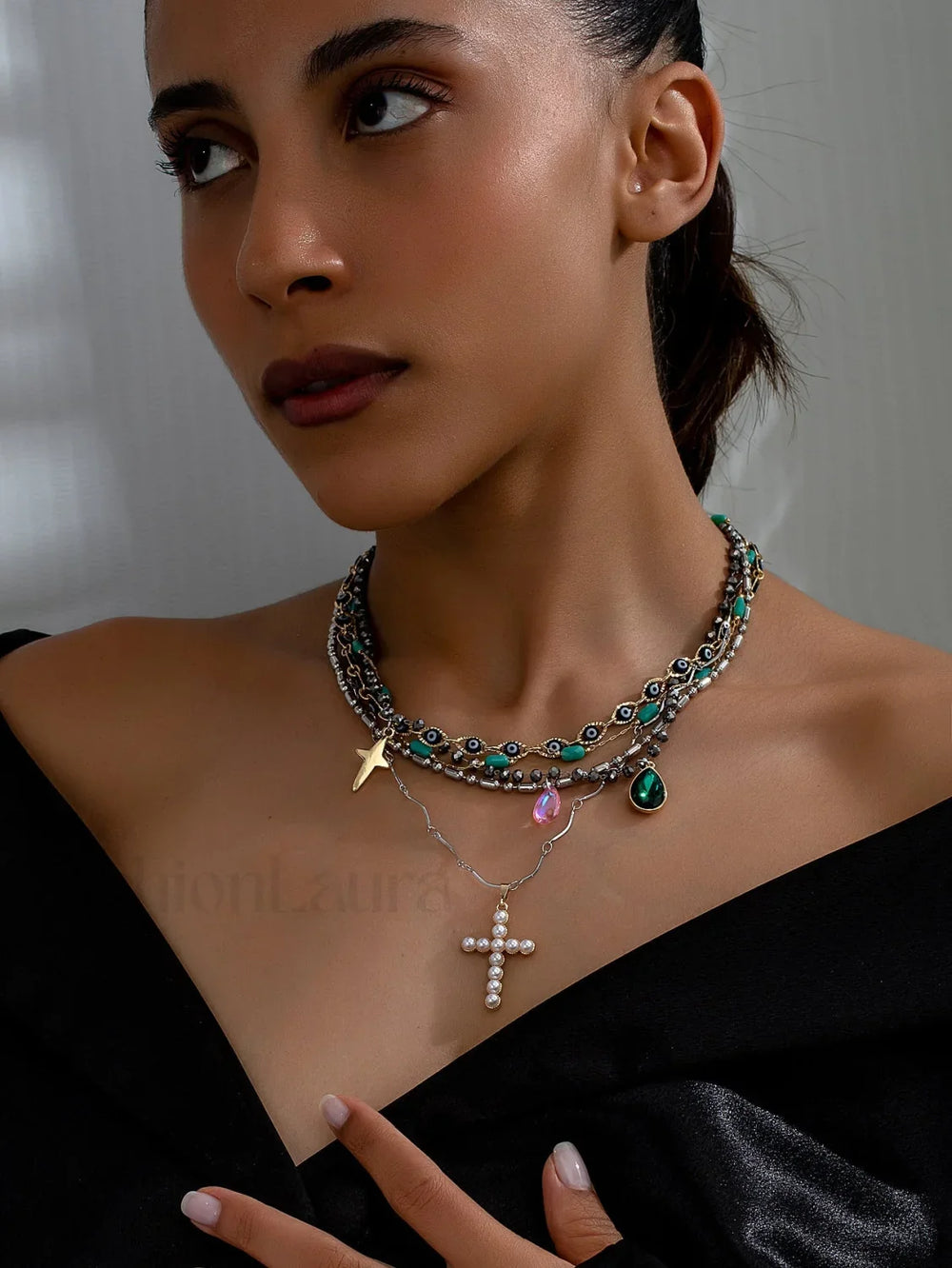 Heavy Layered Cross Pearl Elegant Necklace GREEN