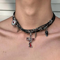 Hip hop Leather Dark Cross Triple Rivet Necklace BLACK