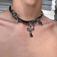 Hip hop Leather Dark Cross Triple Rivet Necklace BLACK