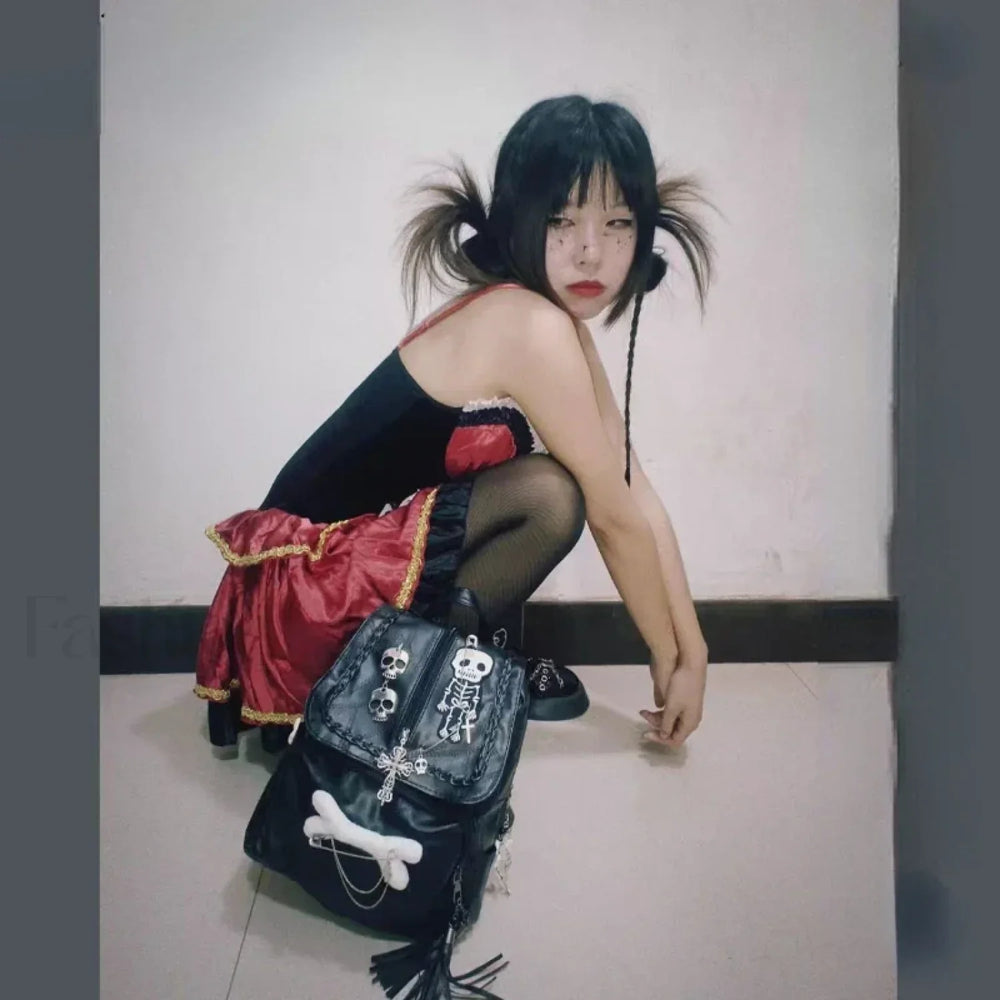Korean Skull Aesthetic Cross Girls Cool Sweet Punk Vintage Y2K Bag Black