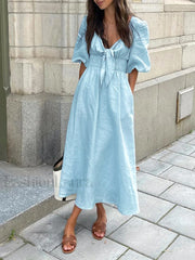 Linen Cotton Front Tie Midi Dress Dresses