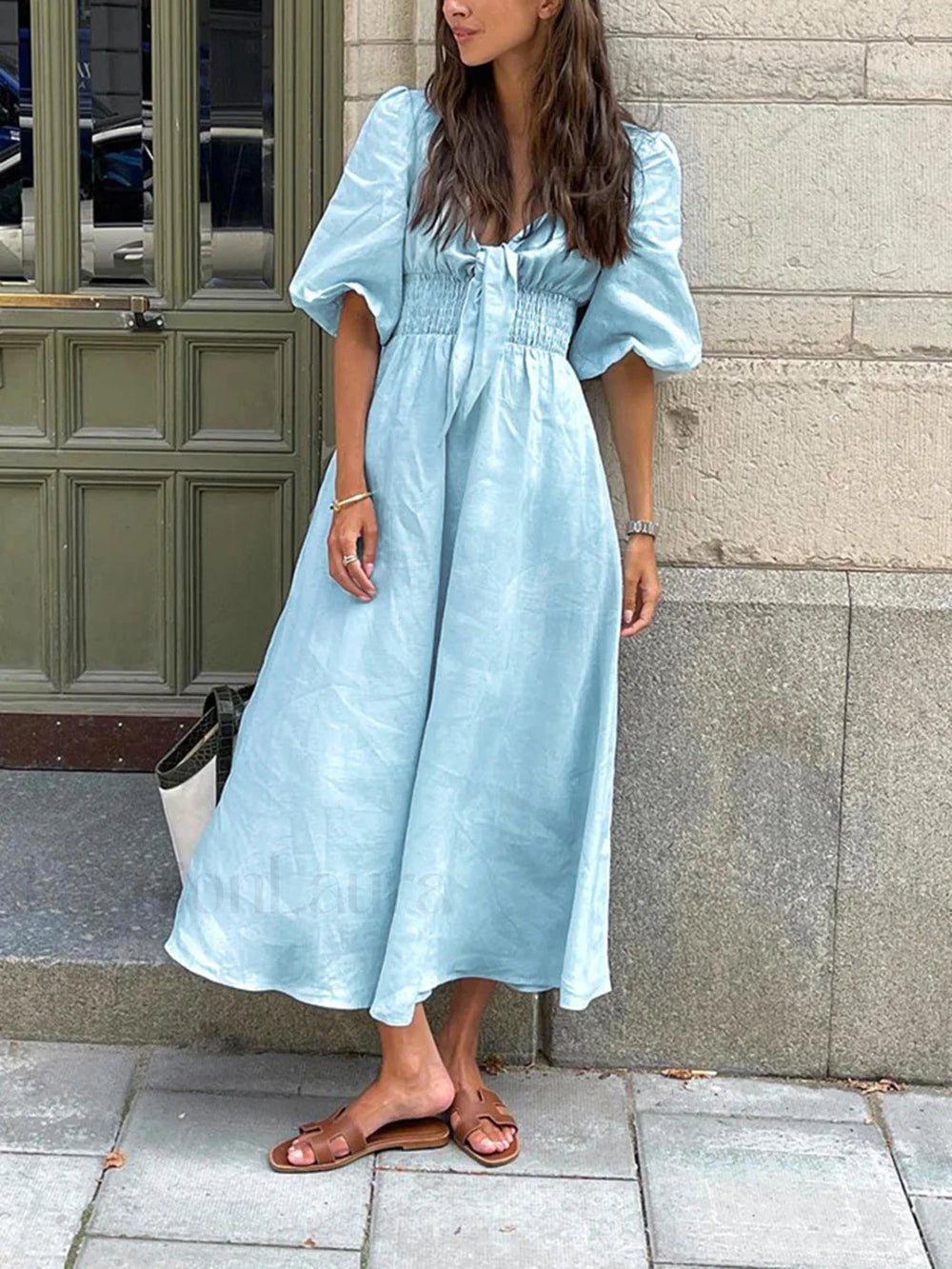 Linen Cotton Front Tie Midi Dress Dresses
