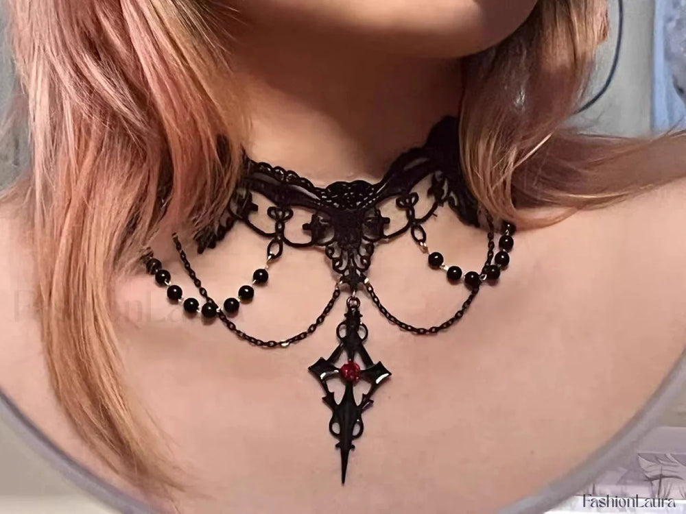 Lolita Gothic Lace Pearl Cross Necklace for Halloween BLACK