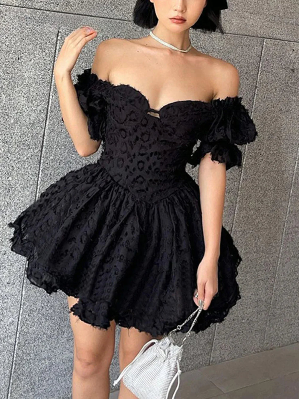 Lolita Summer Vintage High Waist Black Gown Goth Aesthetic Puff Sleeve V neck Corset Mini Dress
