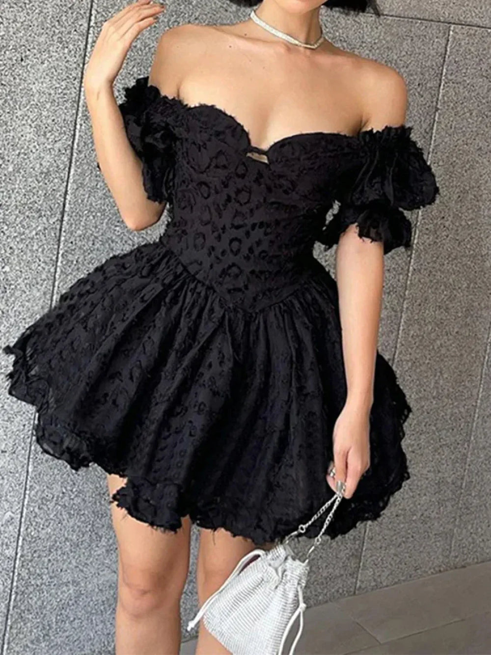 Lolita Summer Vintage High Waist Black Gown Goth Aesthetic Puff Sleeve V neck Corset Mini Dress