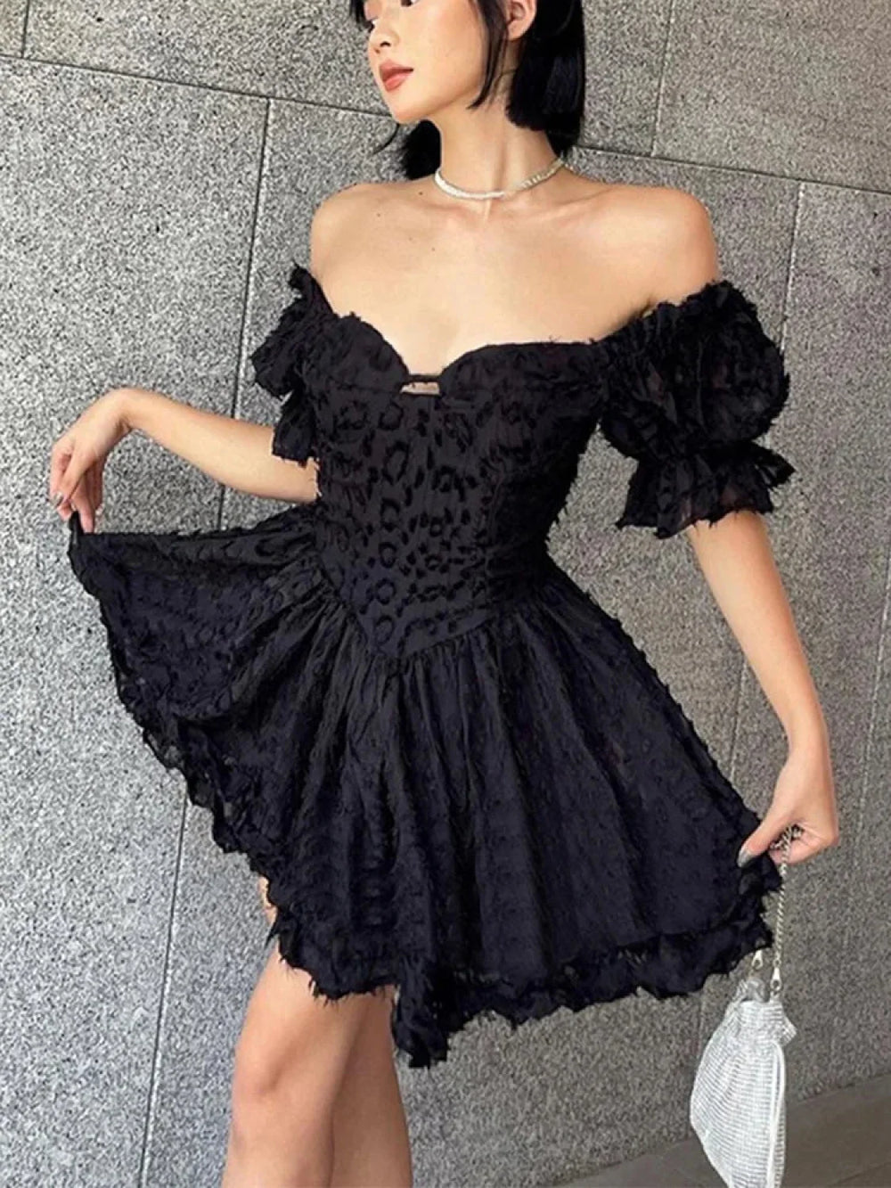 Lolita Summer Vintage High Waist Black Gown Goth Aesthetic Puff Sleeve V neck Corset Mini Dress Black / S