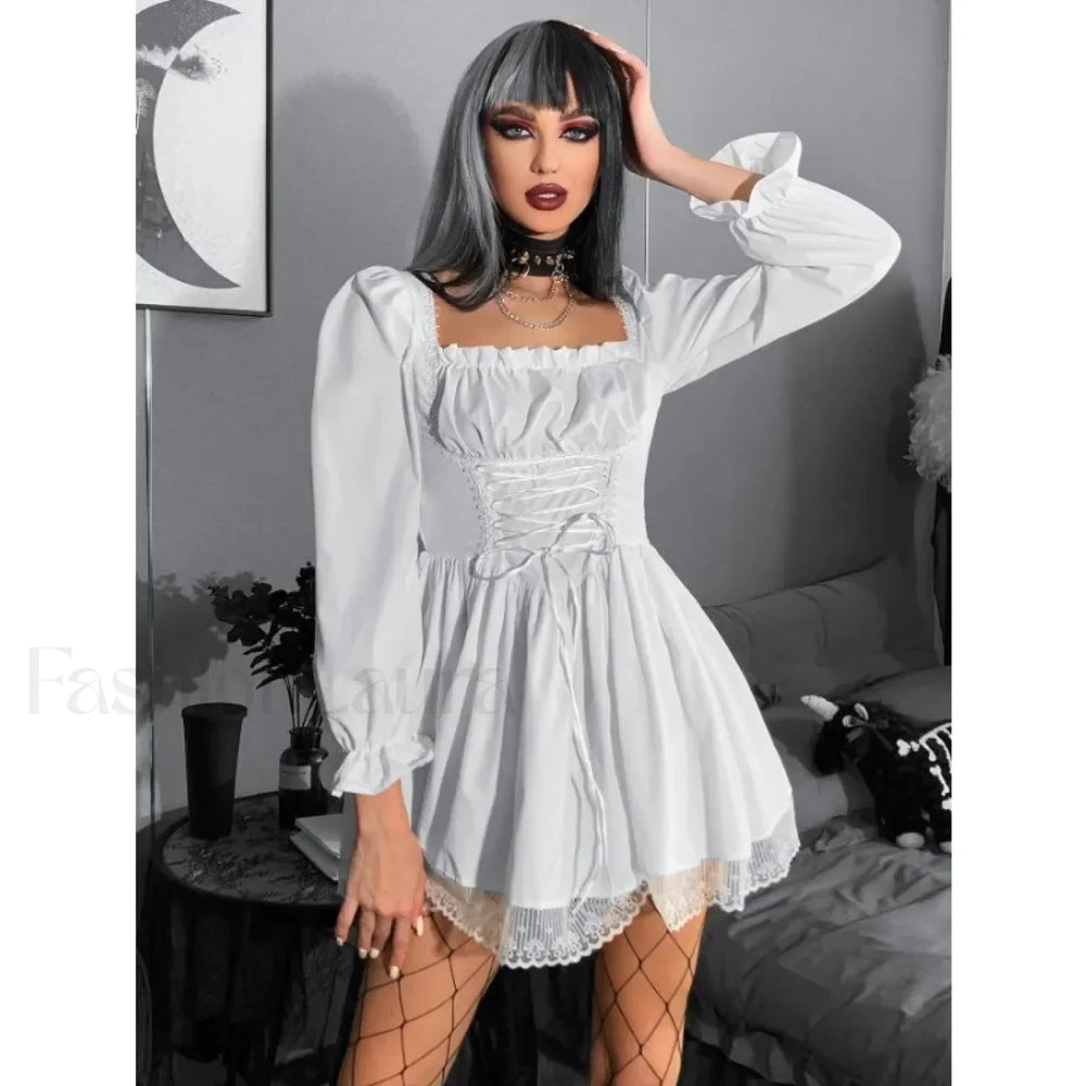 Long Sleeve Lolita Black Sleeve High Waist Vintage Bandage Lace Trim Party Dress