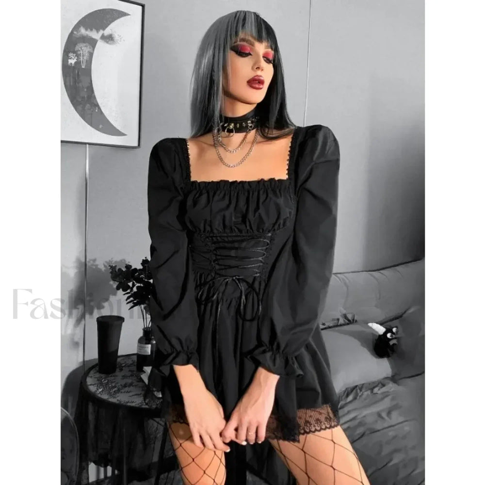 Long Sleeve Lolita Black Sleeve High Waist Vintage Bandage Lace Trim Party Dress