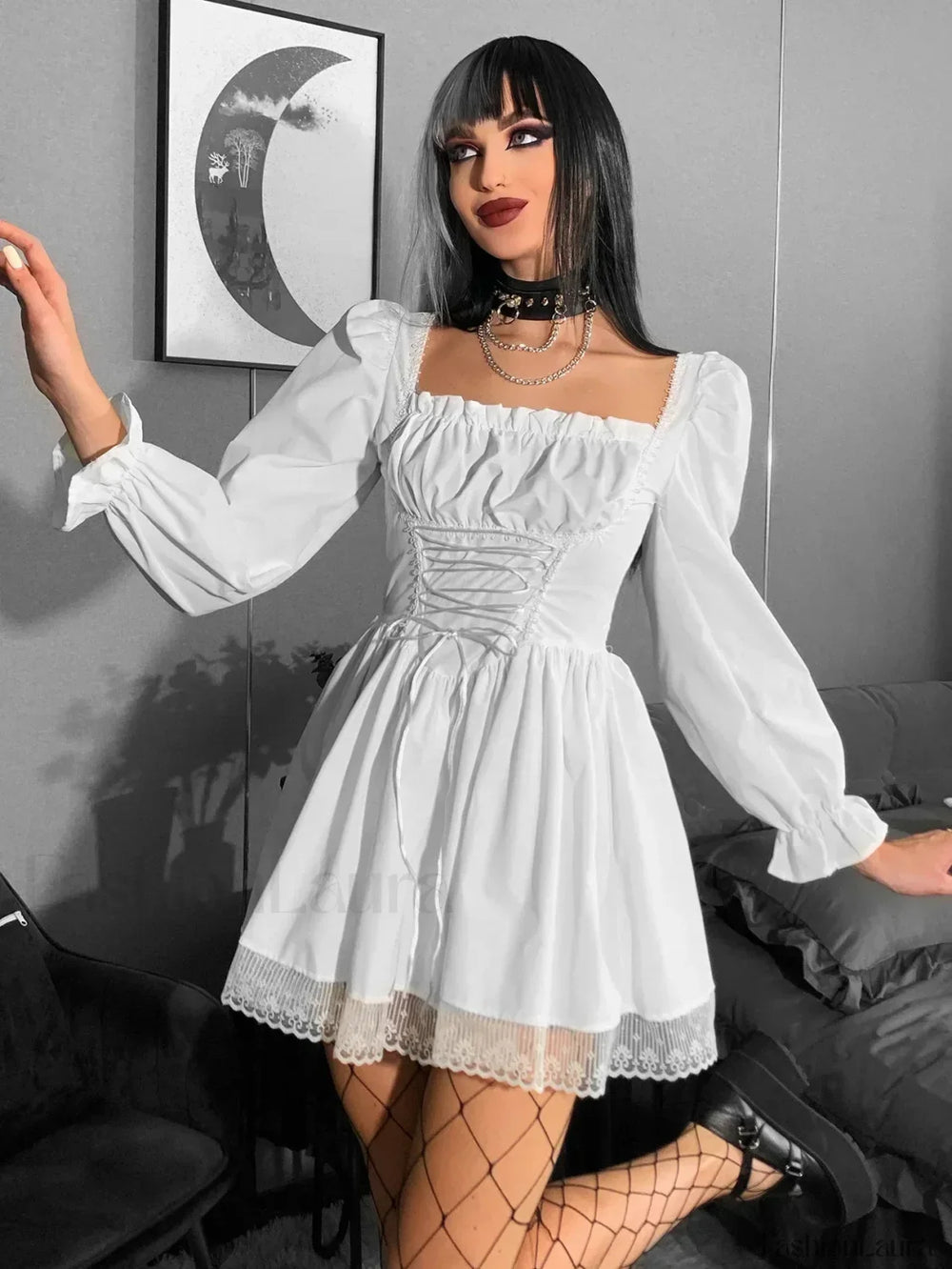 Long Sleeve Lolita Black Sleeve High Waist Vintage Bandage Lace Trim Party Dress WHITE / S