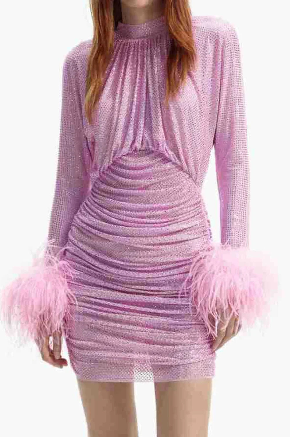 Long Sleeve Stylish Embellished Ruched Dress