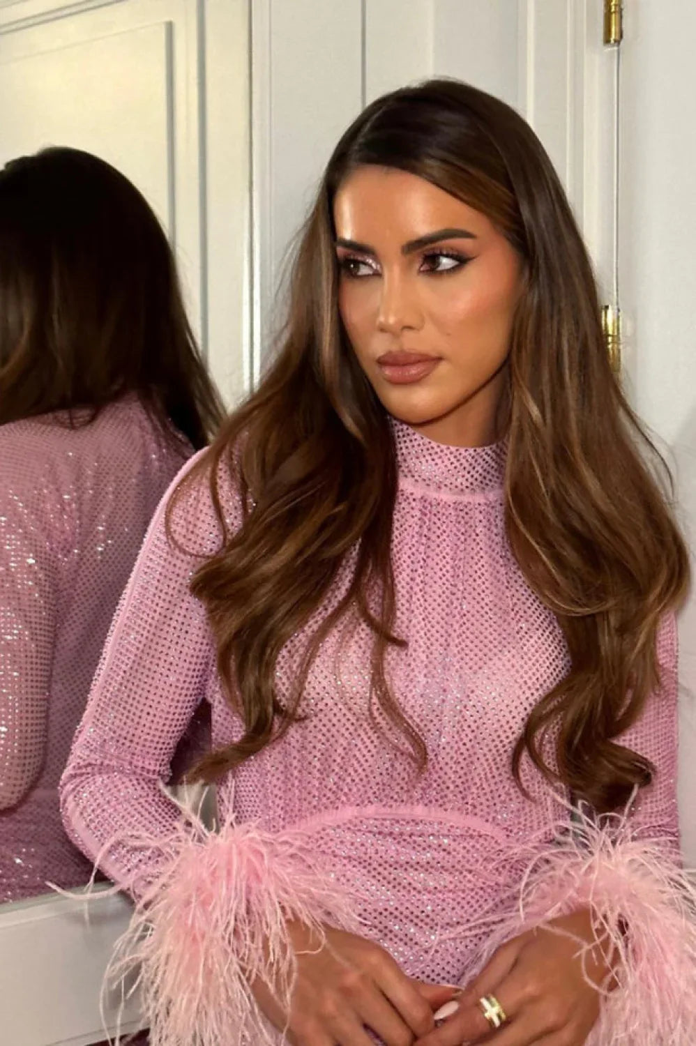 Long Sleeve Stylish Embellished Ruched Dress