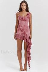Lyrah Pink Printed Charming Ruffle Mini Dress