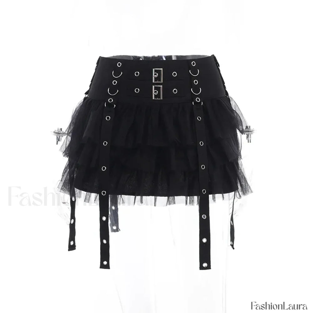 Mall Goth Black Pleated Mini Skirt with Chain for Women Black / S