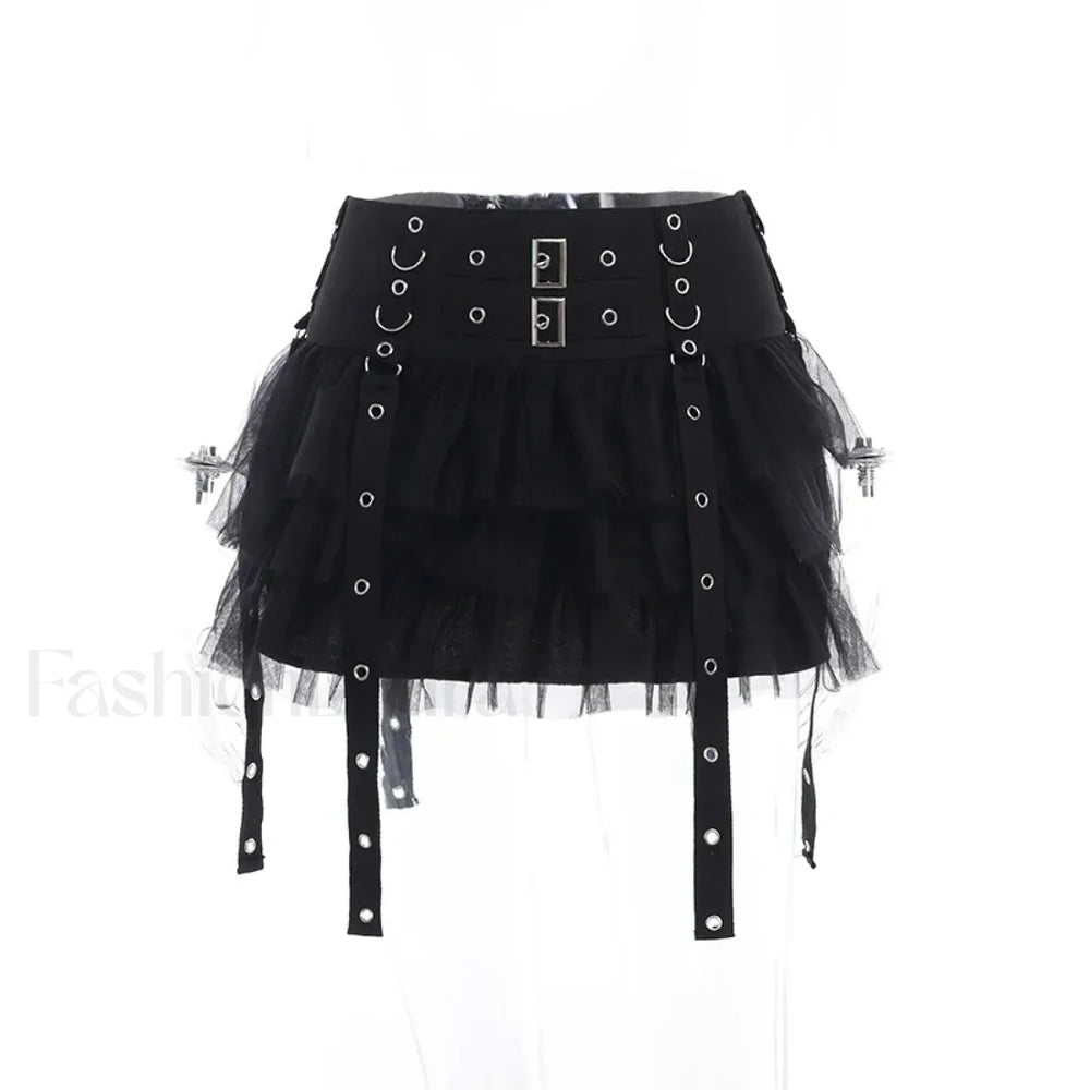 Mall Goth Black Pleated Mini Skirt with Chain for Women Black / S