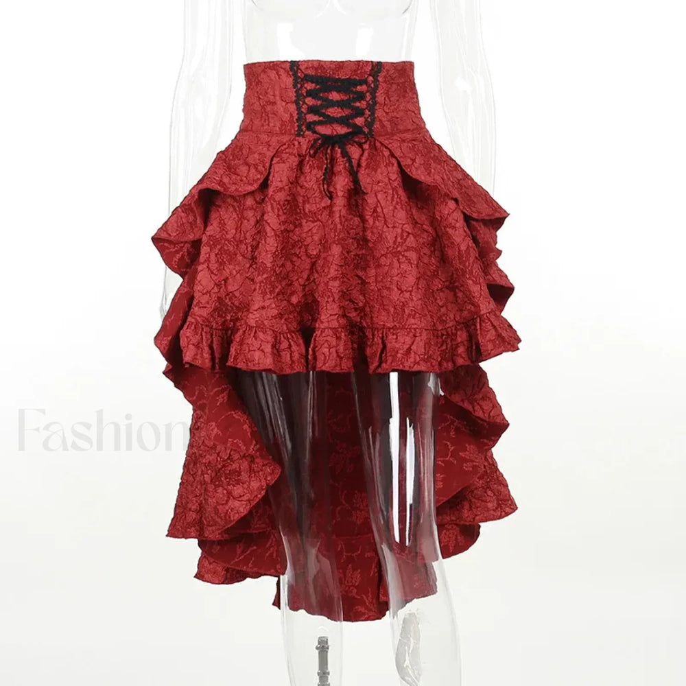 Mall Goth High Waist Swallowtail Women’s SteamVintage Lace Up Asymmetrical High Low Red / S