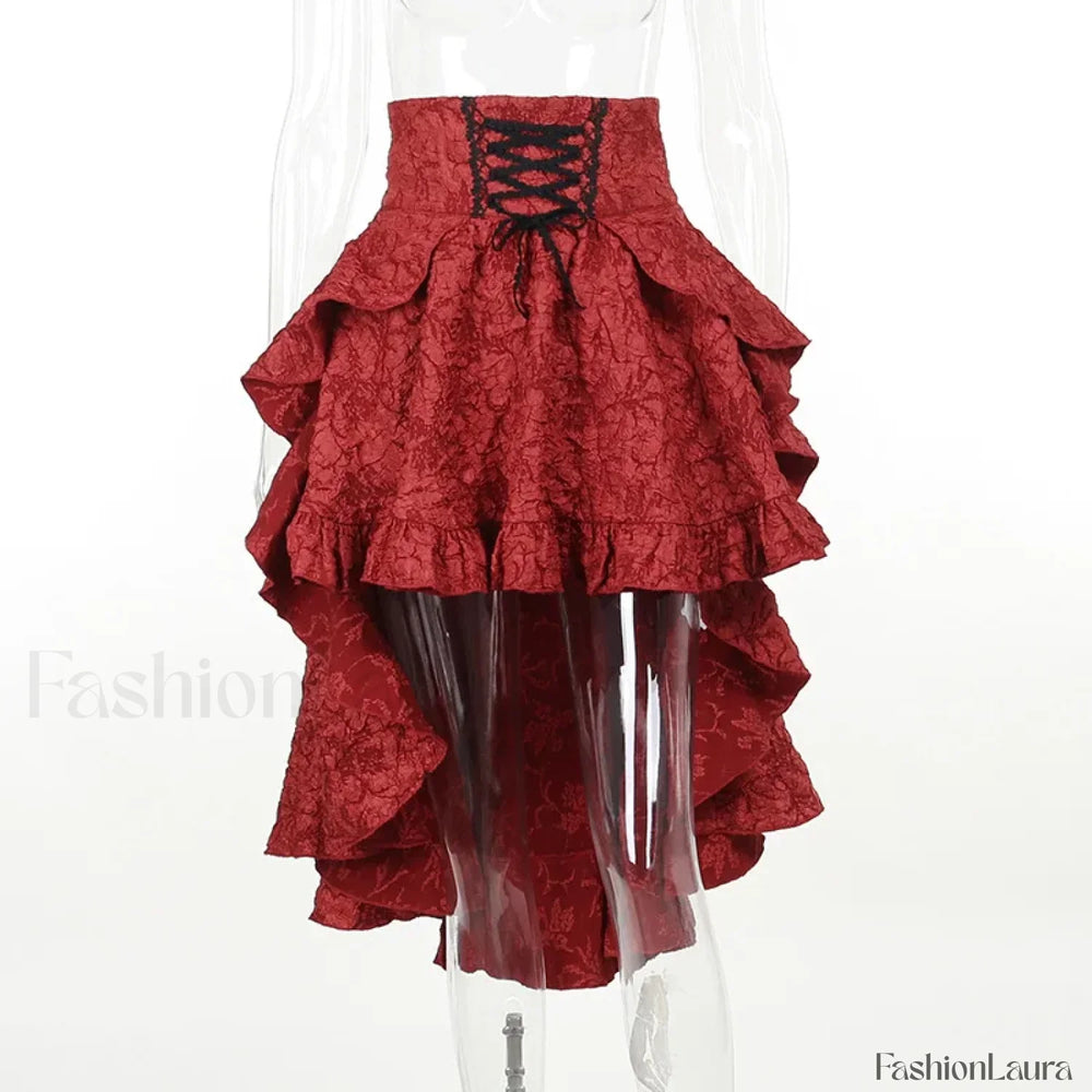 Mall Goth High Waist Swallowtail Women’s SteamVintage Lace Up Asymmetrical High Low Red / S