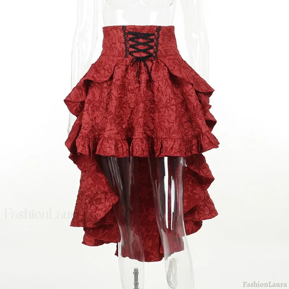 Mall Goth High Waist Swallowtail Women’s SteamVintage Lace Up Asymmetrical High Low Skirt Red / S