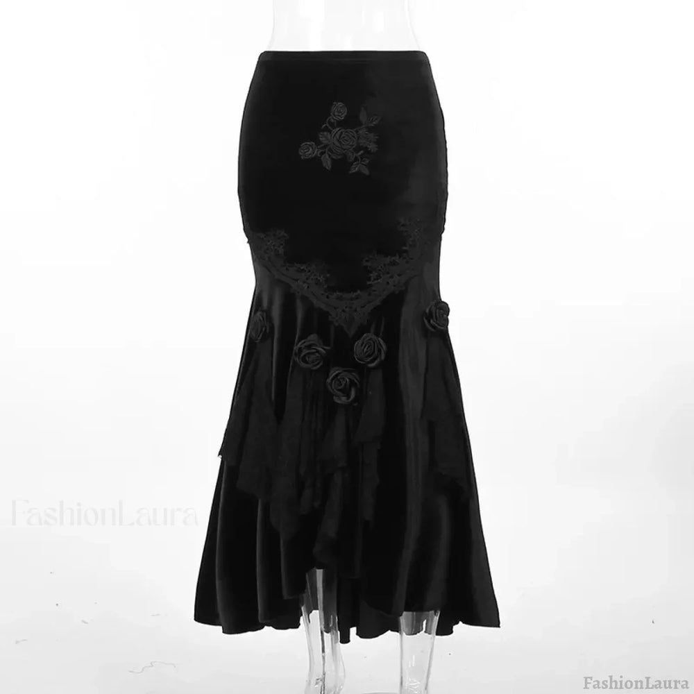 Mall Goth Velvet Fishtail Women Vintage Jacquard Hip Wrap Fairy Grunge Victorian Ladies SteamLong Skirt Black / S
