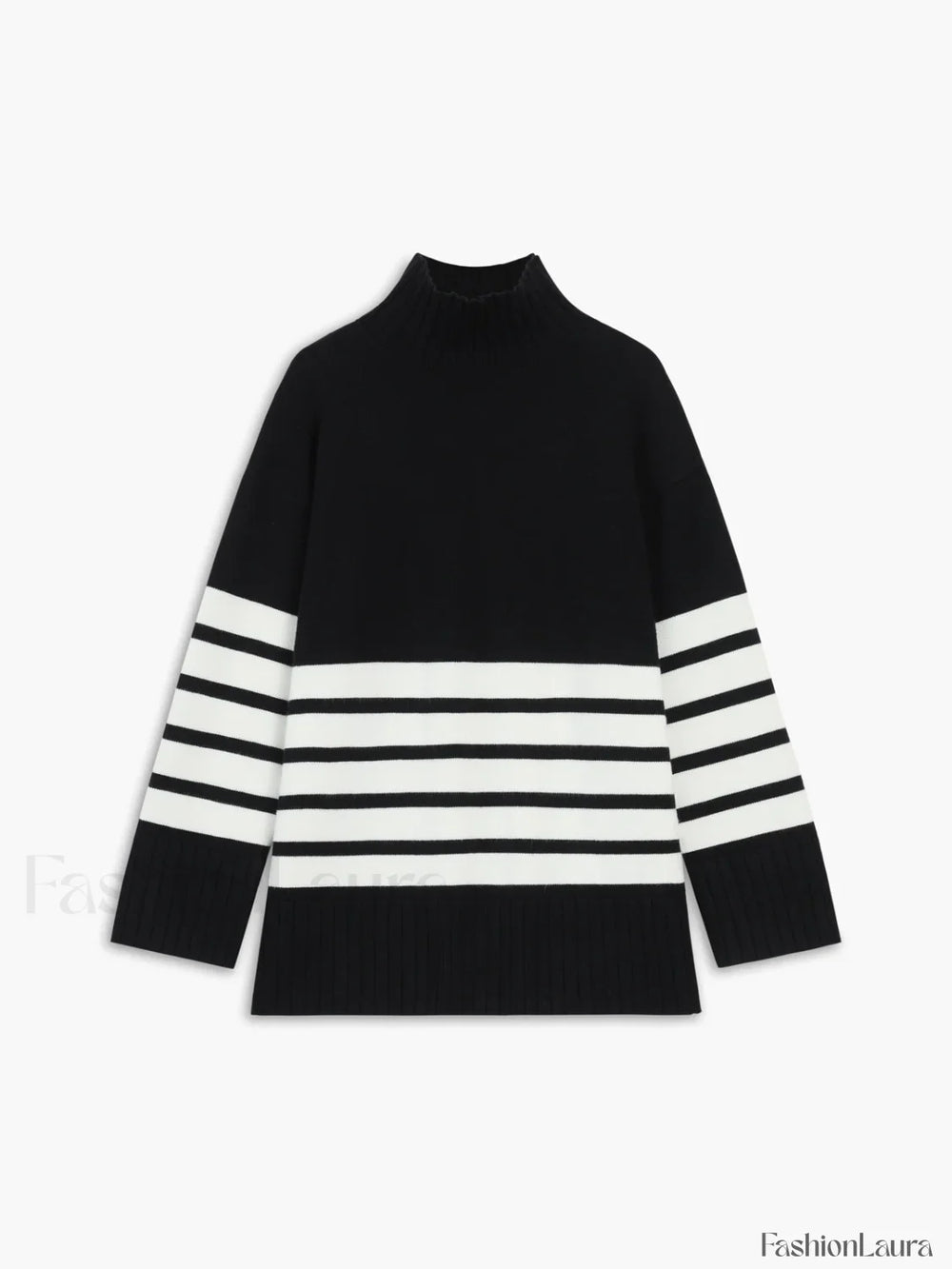 Miss Paris Mock Neck Stripe Sweater Black / XS Sweaters