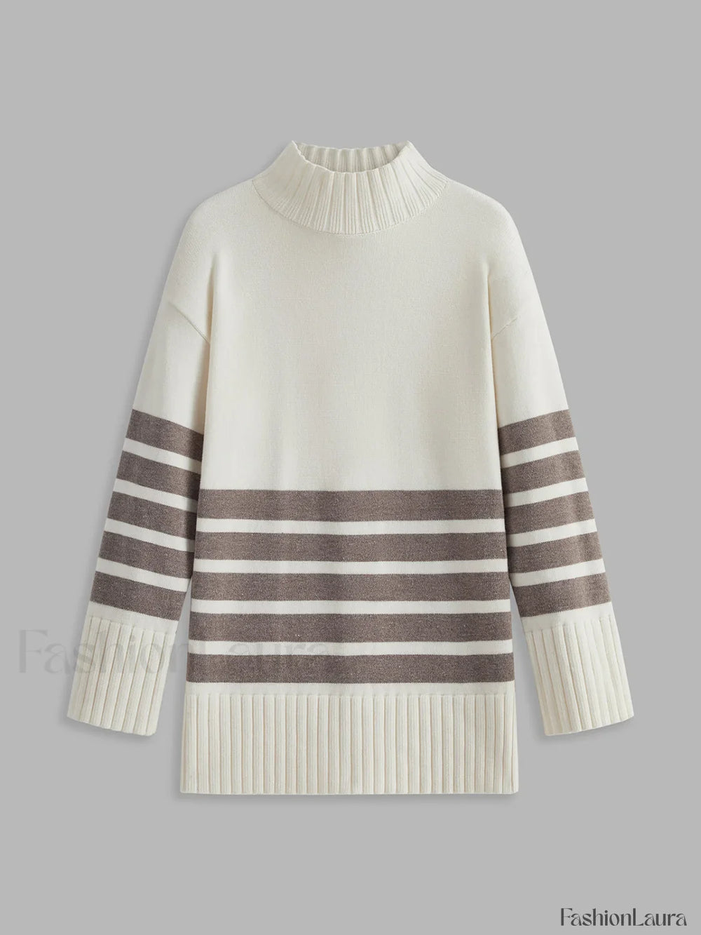 Miss Paris Mock Neck Stripe Sweater Khaki / XS Sweaters