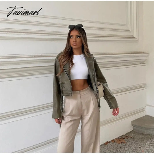 Mqtime Pockets Faux Leather Jacket Coat Women Fashionb Vintage Long Sleeve Lapel Collar Jackets Female Fashion Outerwear Tops