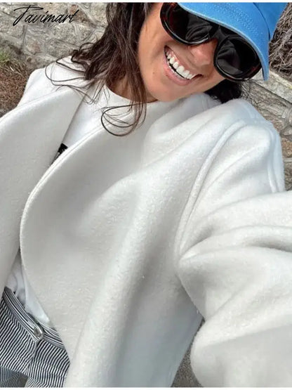 New Women White Woolen Cropped Top Jacket V Neck Long Sleeve Thicken Cardigan Coat Autumn Winter Fashion Female Streetwear