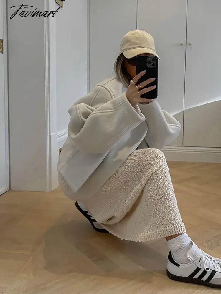 New Women White Woolen Cropped Top Jacket V Neck Long Sleeve Thicken Cardigan Coat Autumn Winter Fashion Female Streetwear