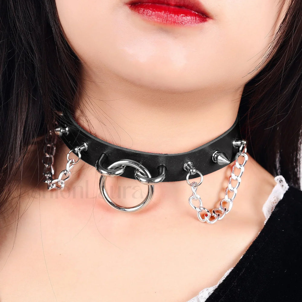 O Ring Rivet Chain Punk Leather Gothic Necklace