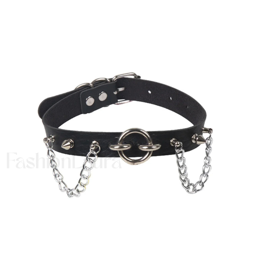 O Ring Rivet Chain Punk Leather Gothic Necklace BLACK