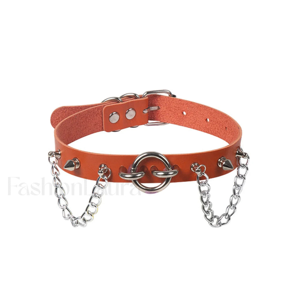 O Ring Rivet Chain Punk Leather Gothic Necklace ORANGE