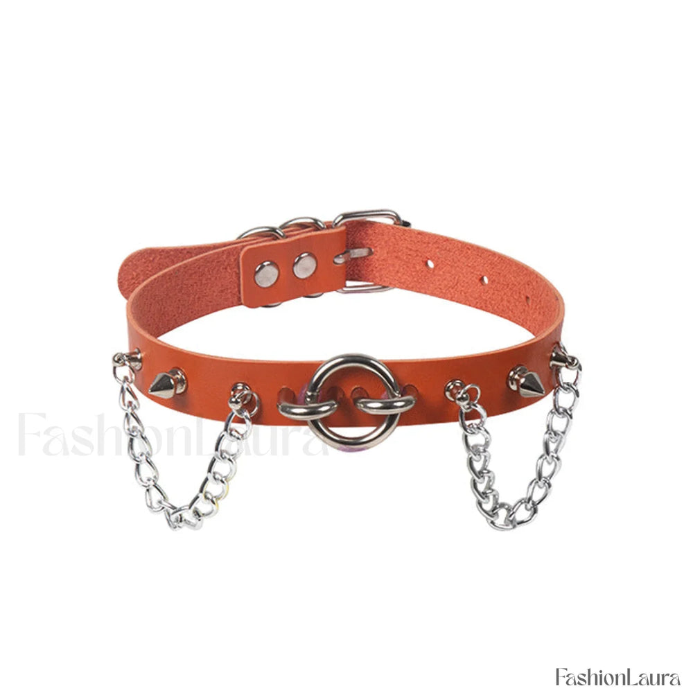 O Ring Rivet Chain Punk Leather Gothic Necklace ORANGE