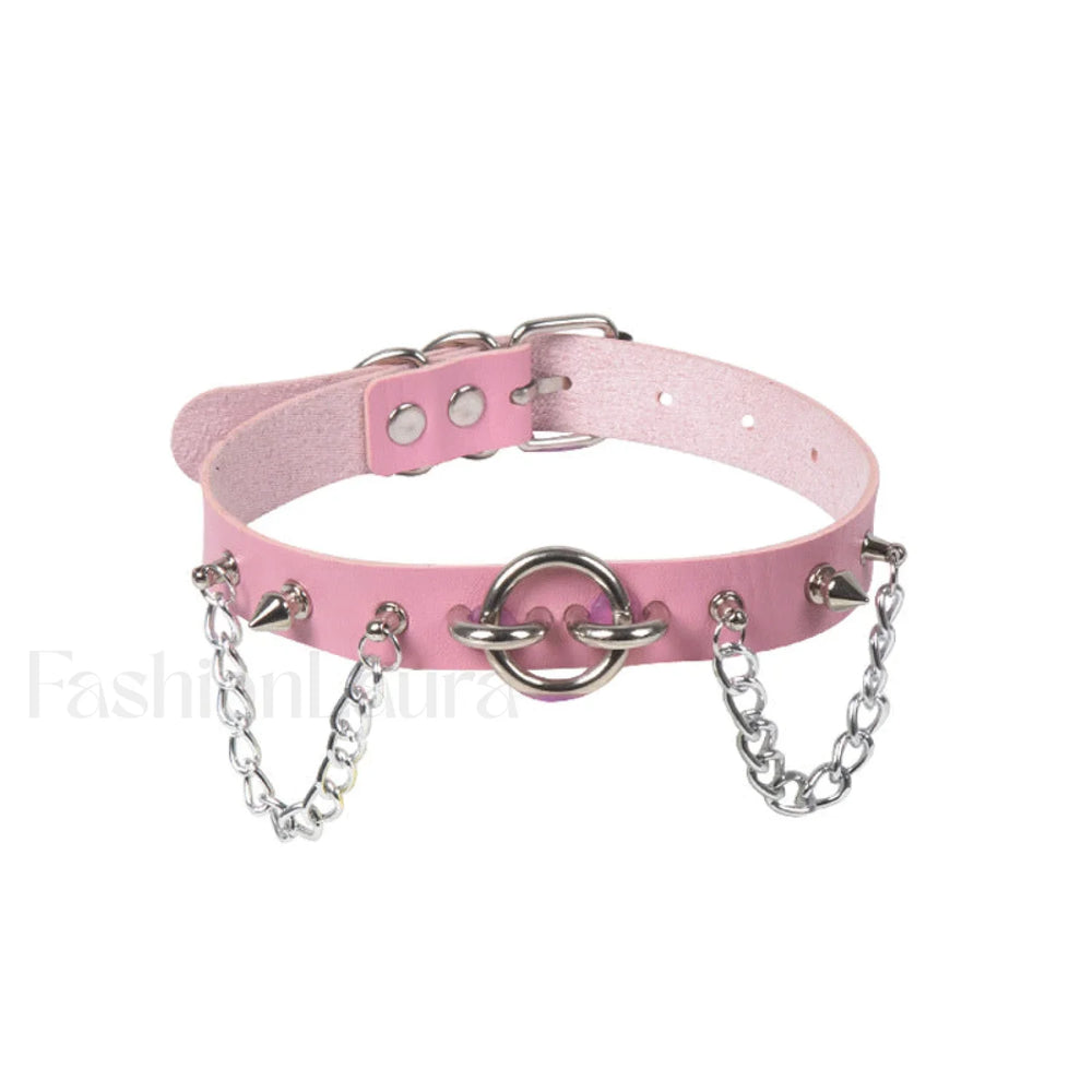 O Ring Rivet Chain Punk Leather Gothic Necklace PINK