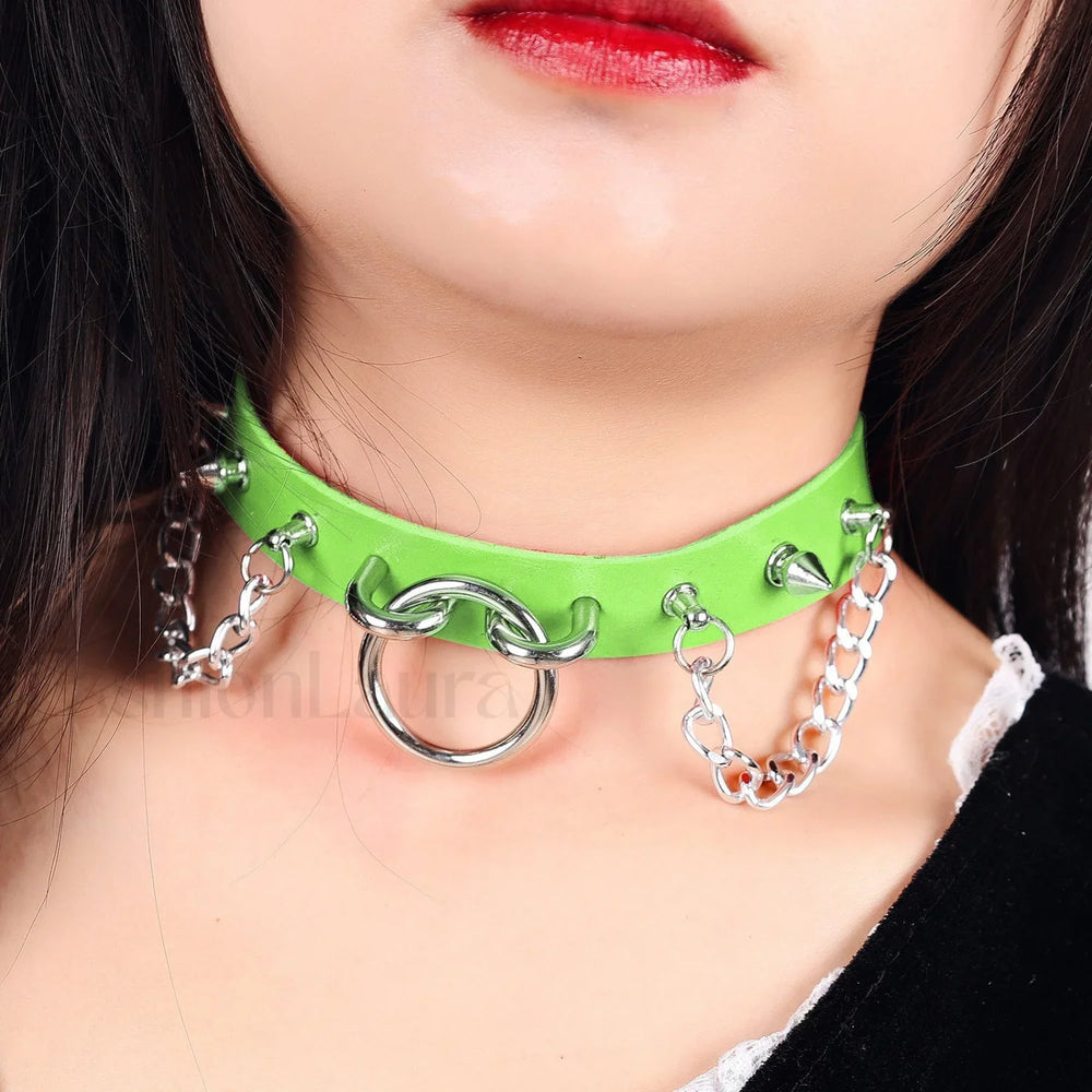 O Ring Rivet Chain Punk Leather Gothic Necklace PUR