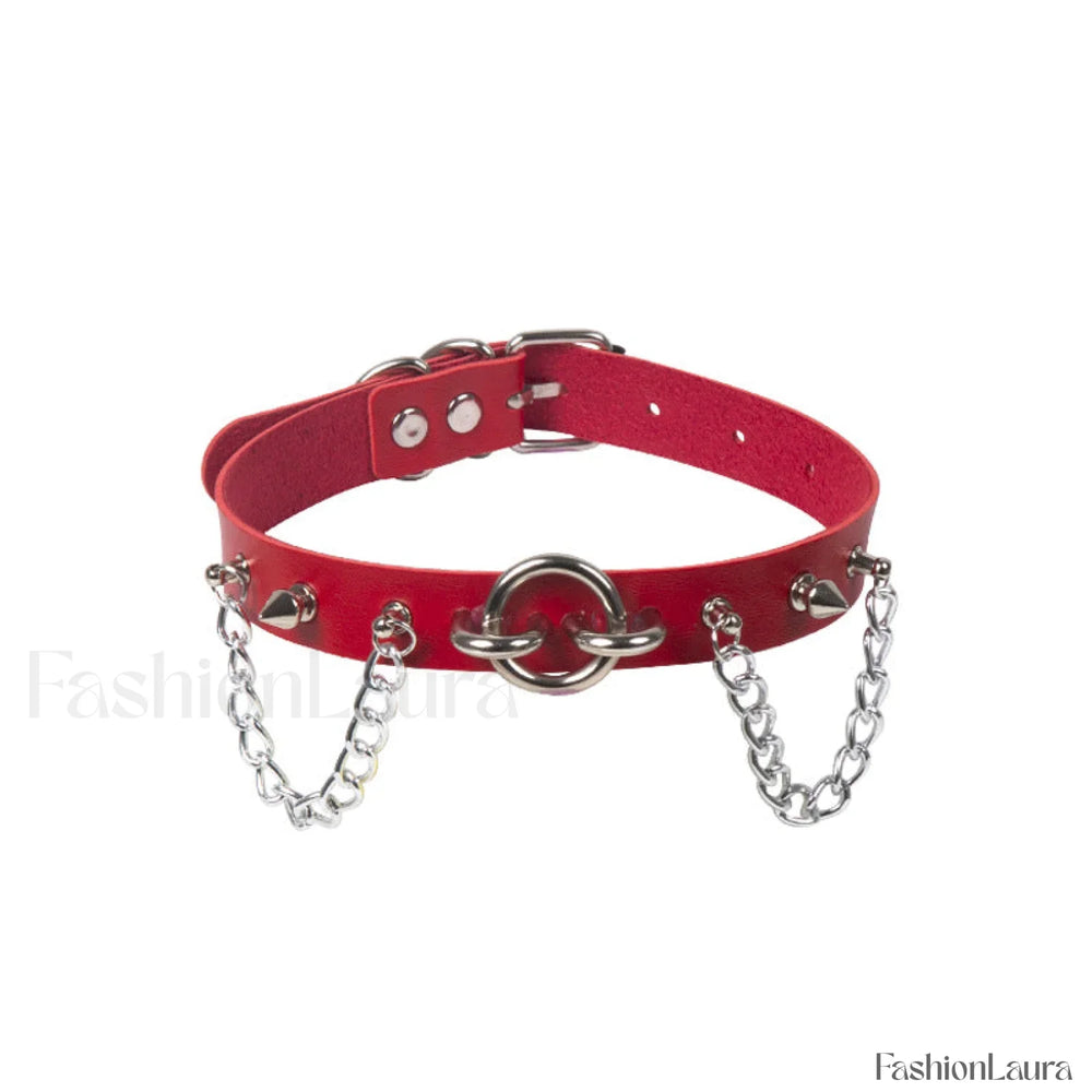 O Ring Rivet Chain Punk Leather Gothic Necklace RED