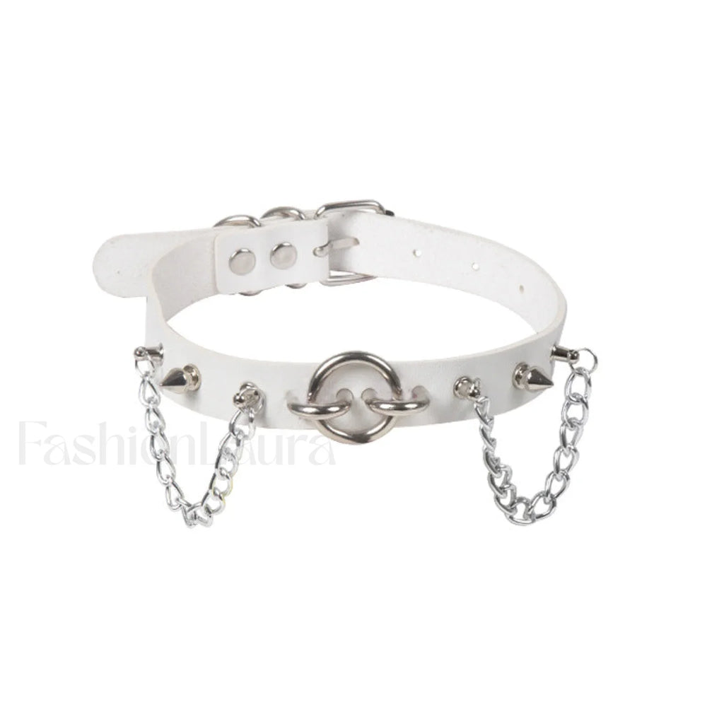 O Ring Rivet Chain Punk Leather Gothic Necklace WHITE