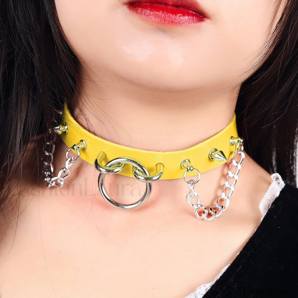 O Ring Rivet Chain Punk Leather Gothic Necklace YELLOW