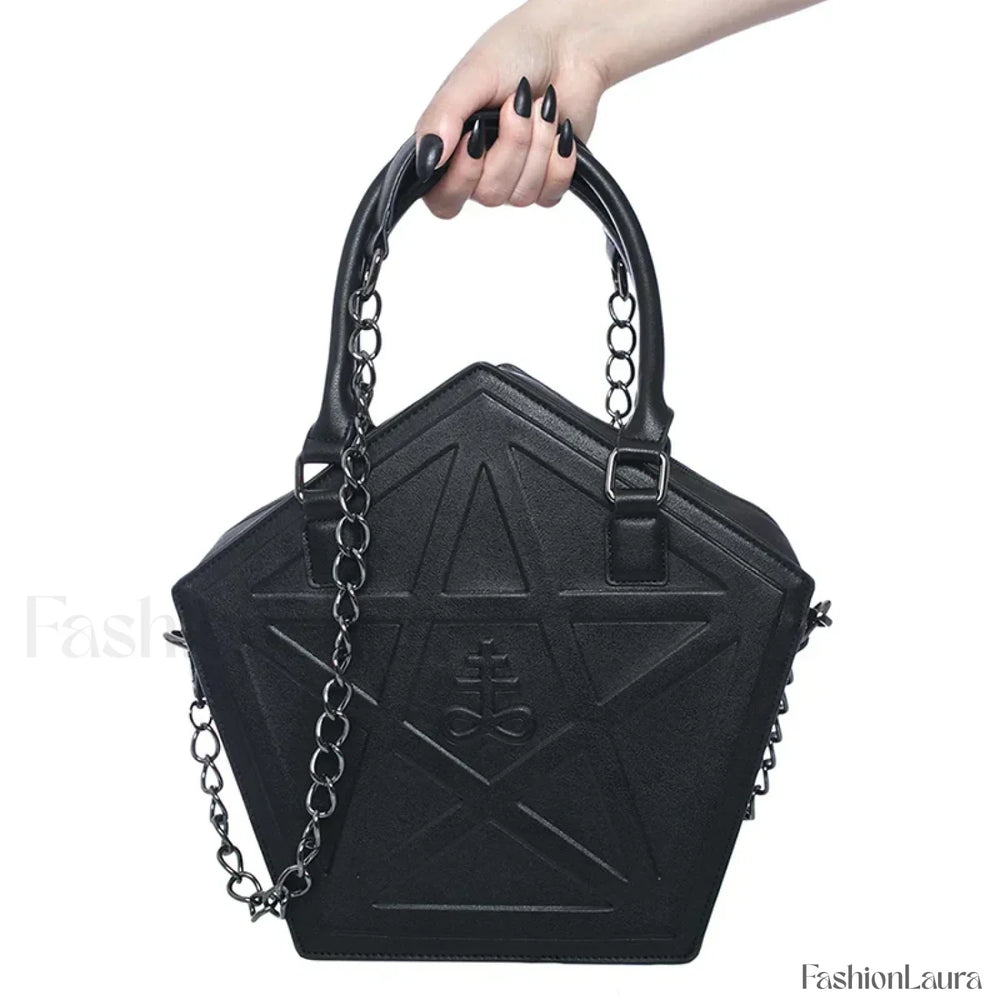 Pentagram Darkness Gothic Soft Leather High Quality Chain Bag Black / (30cm