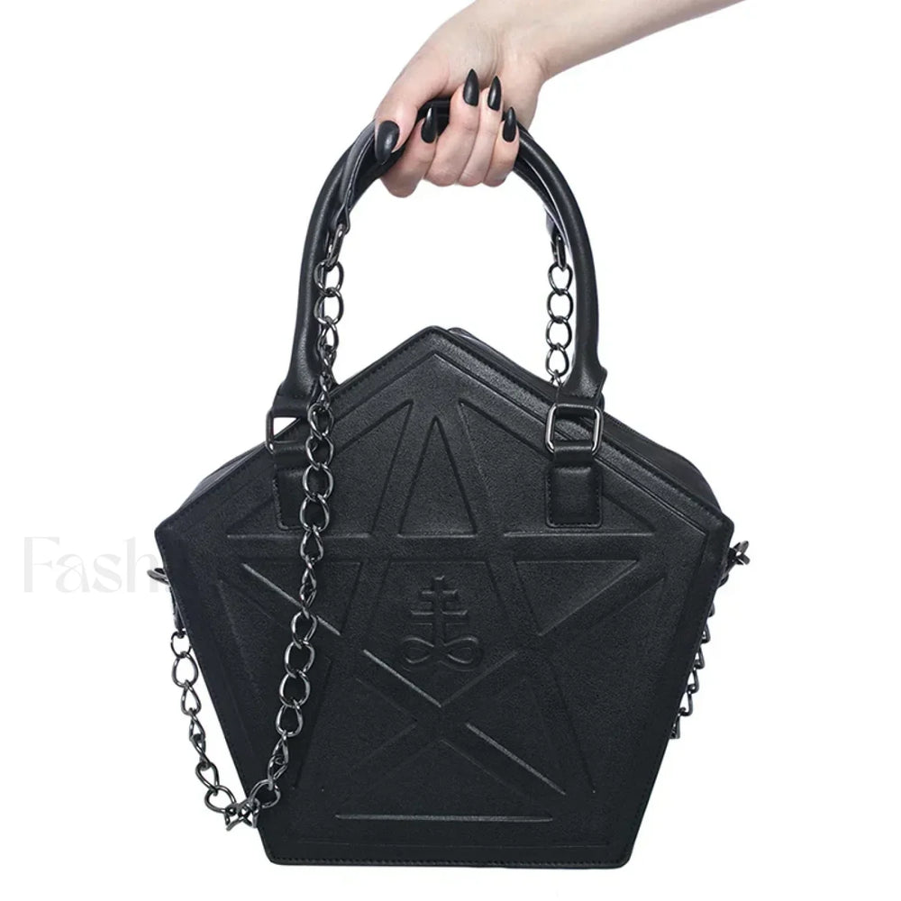 Pentagram Darkness Gothic Soft Leather High Quality Chain Bag Black / (30cm