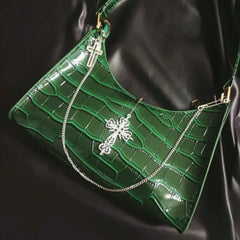 Punk Gothic Y2k Street Cross Chains Crocodile Pattern Green Underarm Bag Green