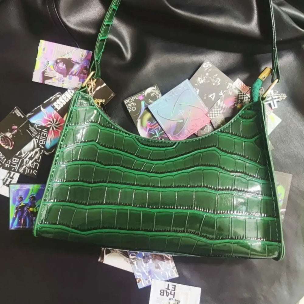 Punk Gothic Y2k Street Cross Chains Crocodile Pattern Green Underarm Bag