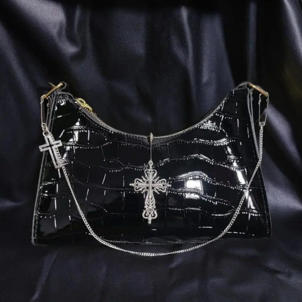 Punk Gothic Y2k Street Cross Chains Crocodile Pattern Green Underarm Bag Black