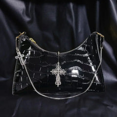 Punk Gothic Y2k Street Cross Chains Crocodile Pattern Green Underarm Bag Black