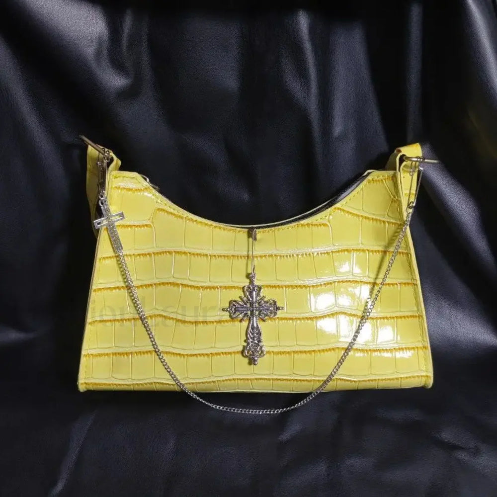 Punk Gothic Y2k Street Cross Chains Crocodile Pattern Green Underarm Bag Yellow