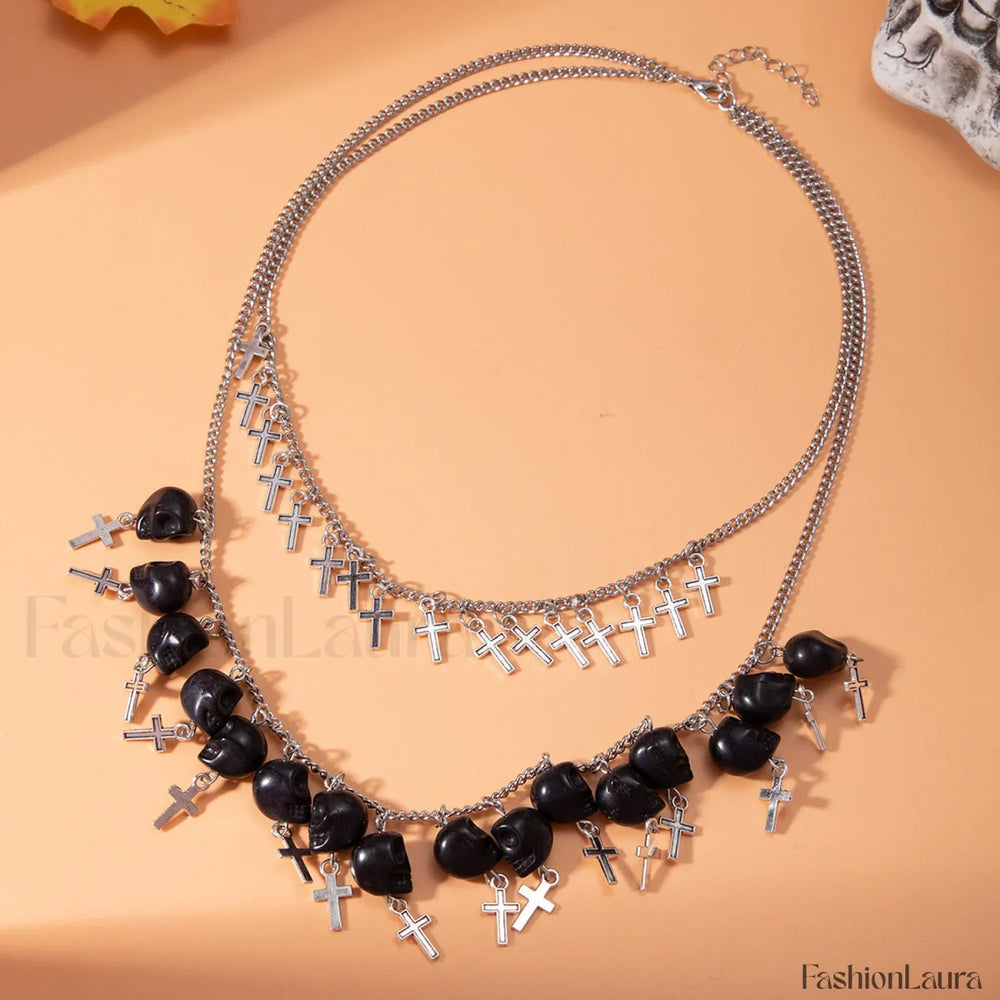 Punk Halloween Cross Tassel Skull Necklace BLACK