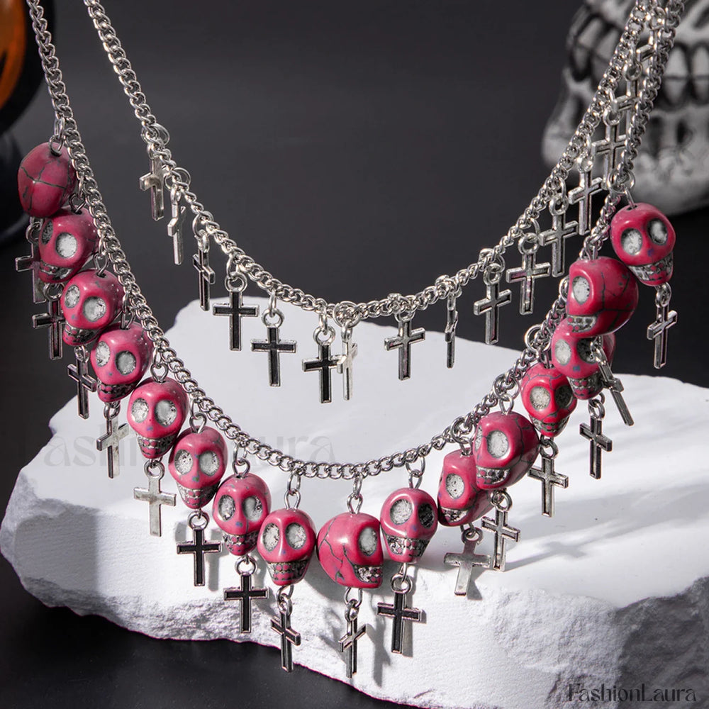 Punk Halloween Cross Tassel Skull Necklace PINK