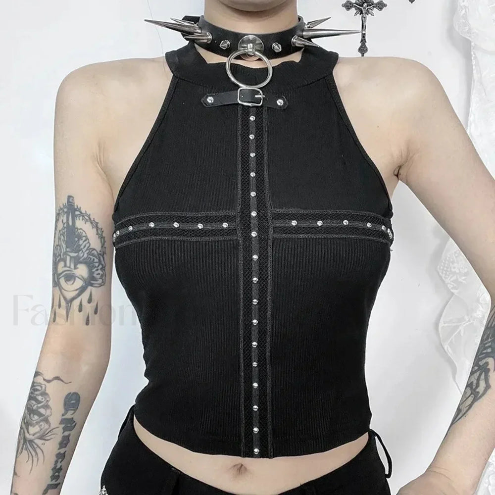Punk Streetwear Off Shoulder Crop Top Black / S